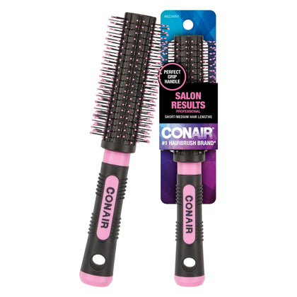 Brosse ronde Conair en nylon vue de face, couleur rose et noir