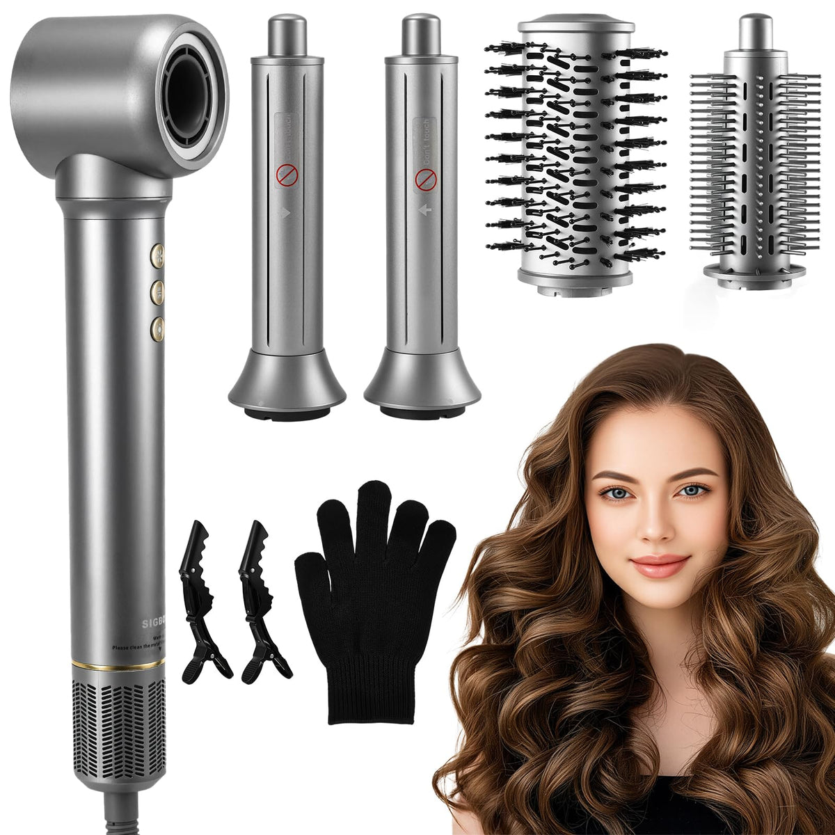 Brosse sèche-cheveux 5-en-1 SIGBOT vue avant avec accessoires