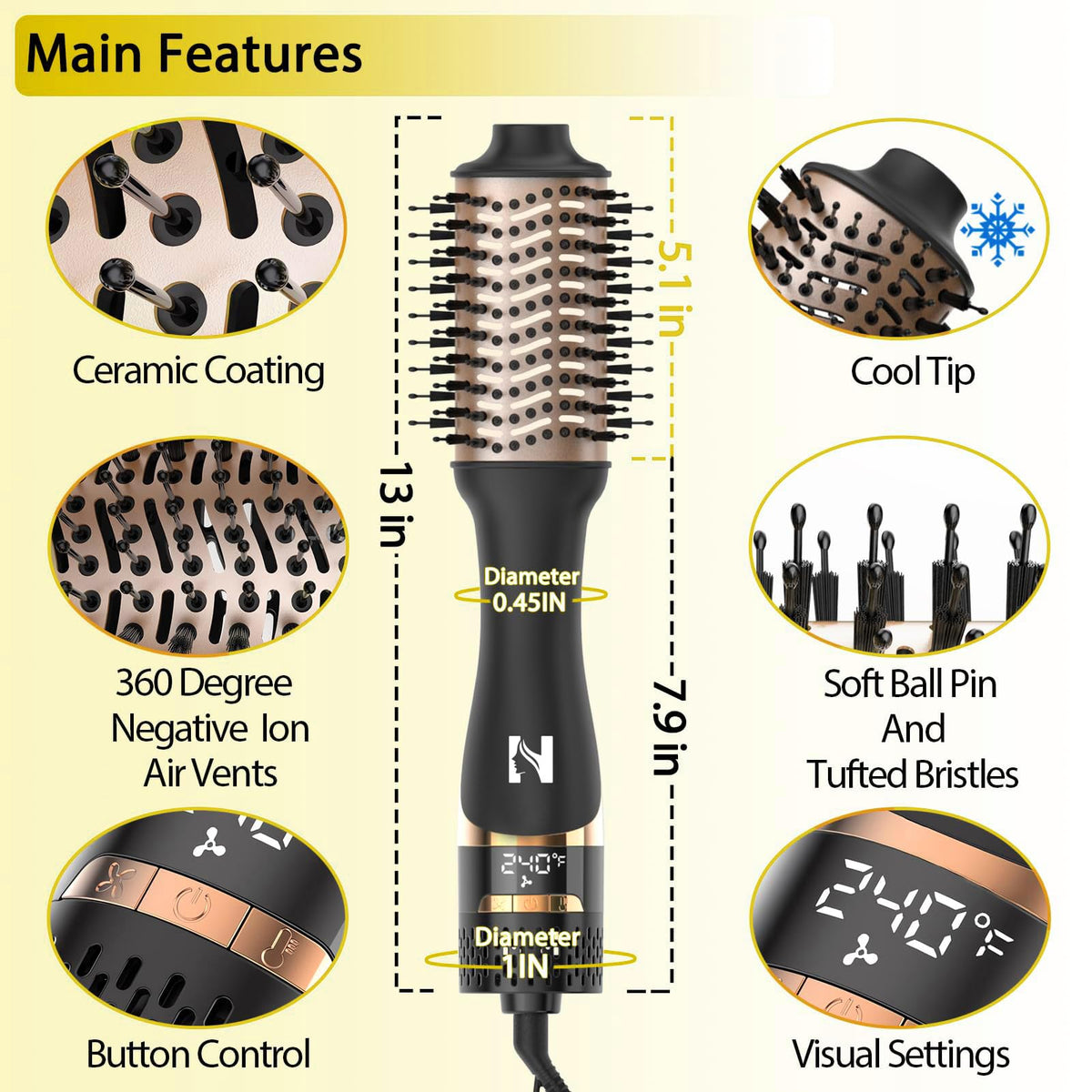 Brosse sèche-cheveux Nicebay avec cordon d'alimentation pivotant