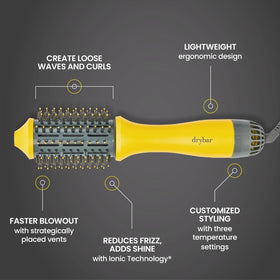 Brosse soufflante Drybar sur fond blanc avec réglages de température