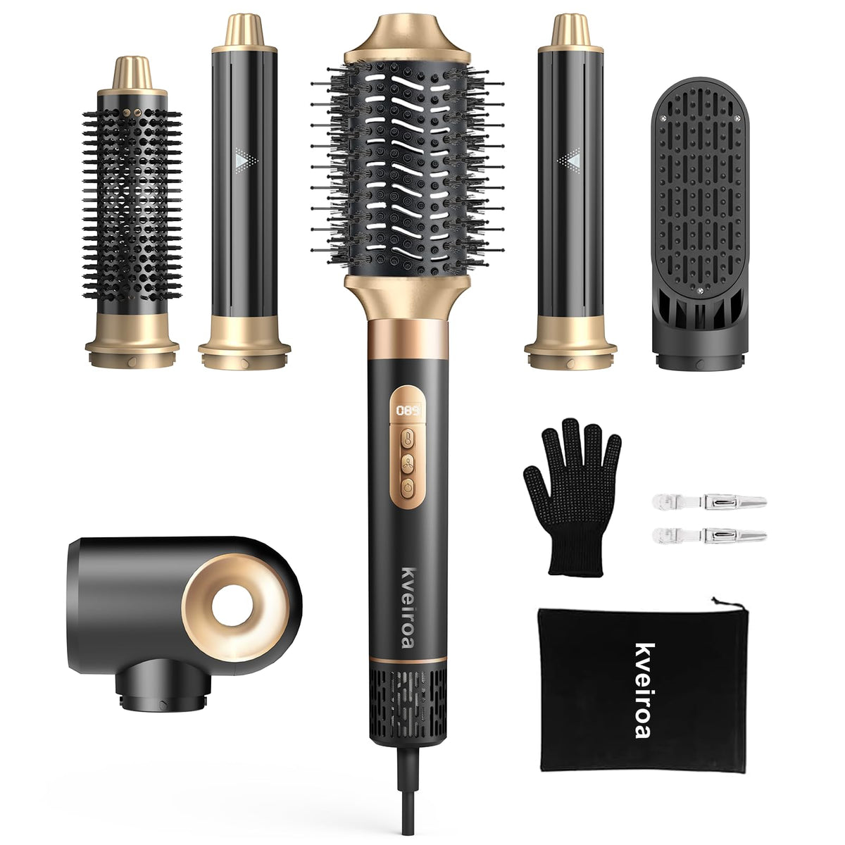 Brosse soufflante Kveiroa 6-en-1 vue de face avec accessoires