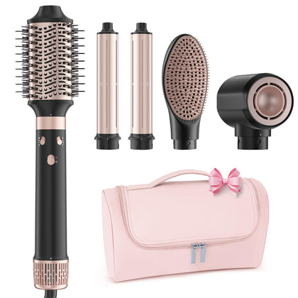 Brosse soufflante MESCOMB 5 en 1 vue de face avec couleurs noire et rose