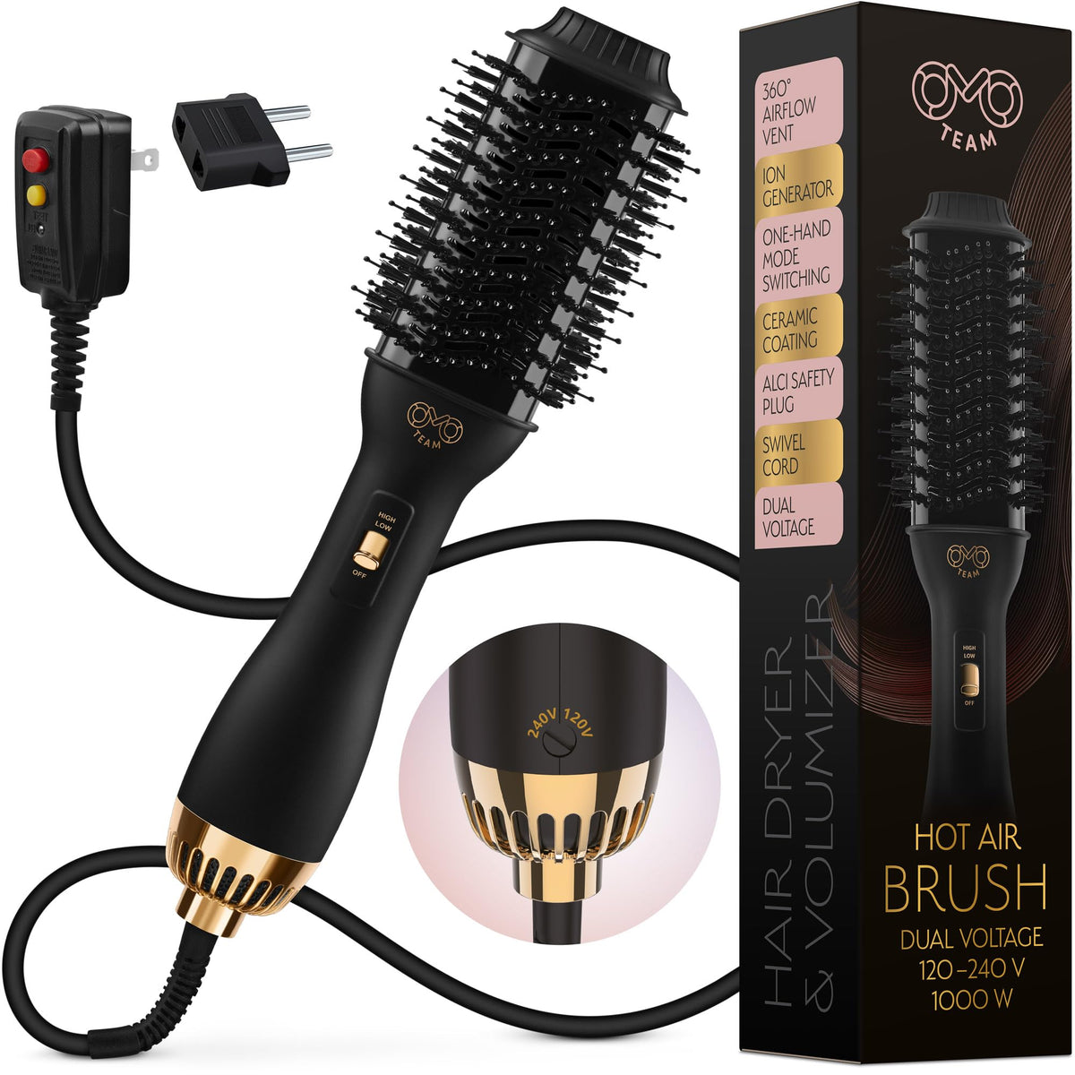 Brosse soufflante OMOteam modèle noir avec brosse ovale