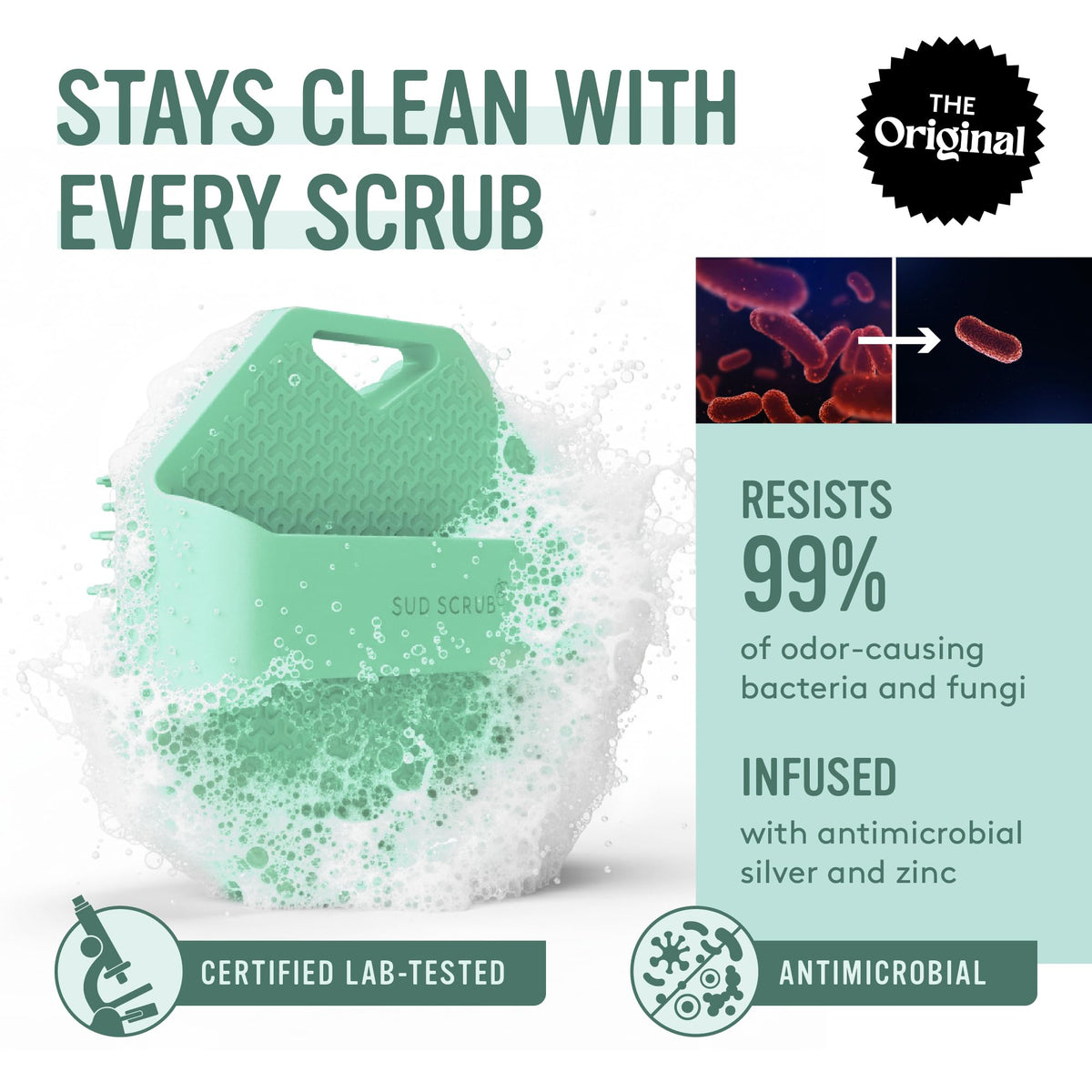 Brosse Sud Scrub en silicone avec texture antidérapante et sangle de maintien