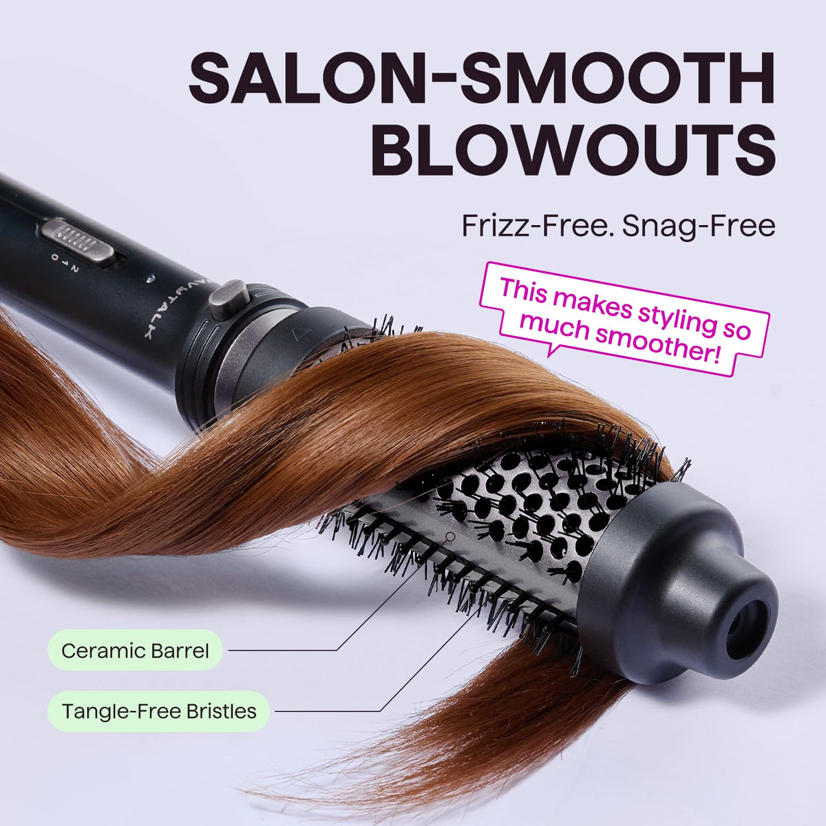 Brosse thermique wavytalk 1,5" avec sa tête détachable sur fond blanc