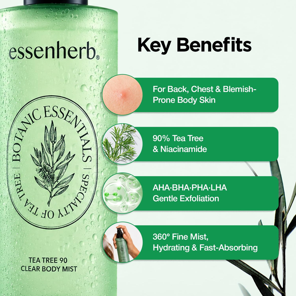 Brume corporelle ESSENHERB Tea Tree 90 sur fond blanc