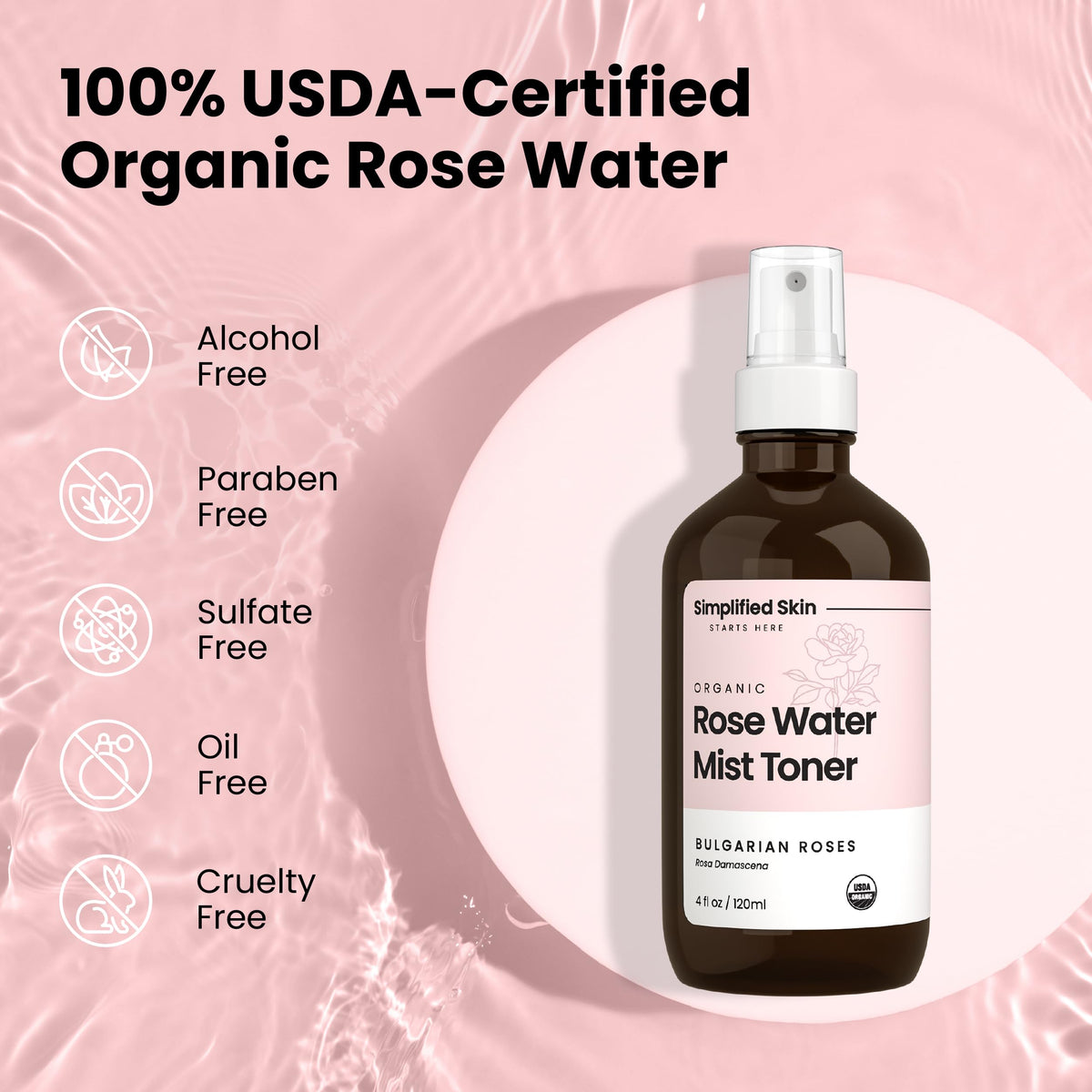 Brume d'Eau de Rose Bio Simplified Skin en gros plan sur le vaporisateur