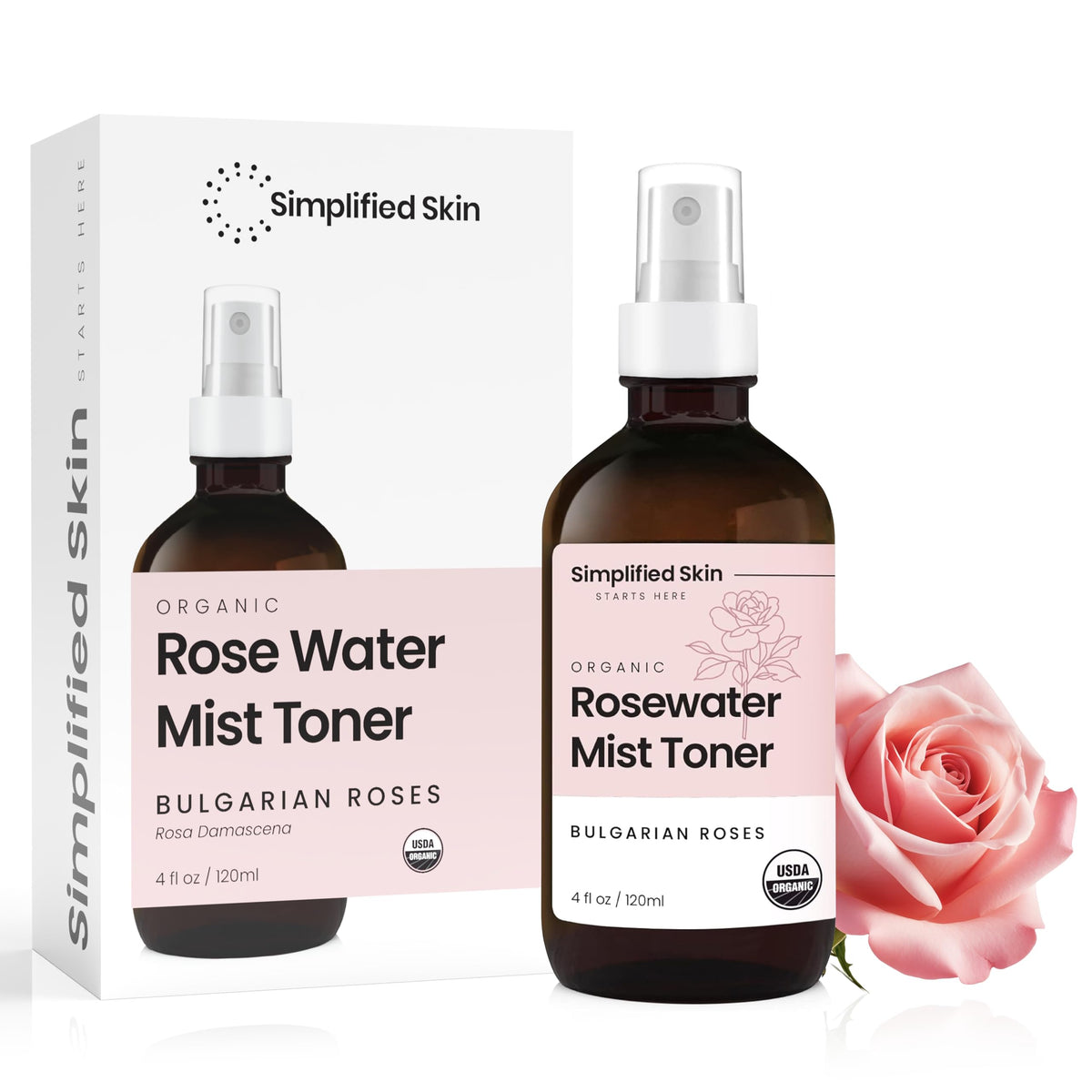 Brume d'Eau de Rose Bio Simplified Skin sur une surface en marbre
