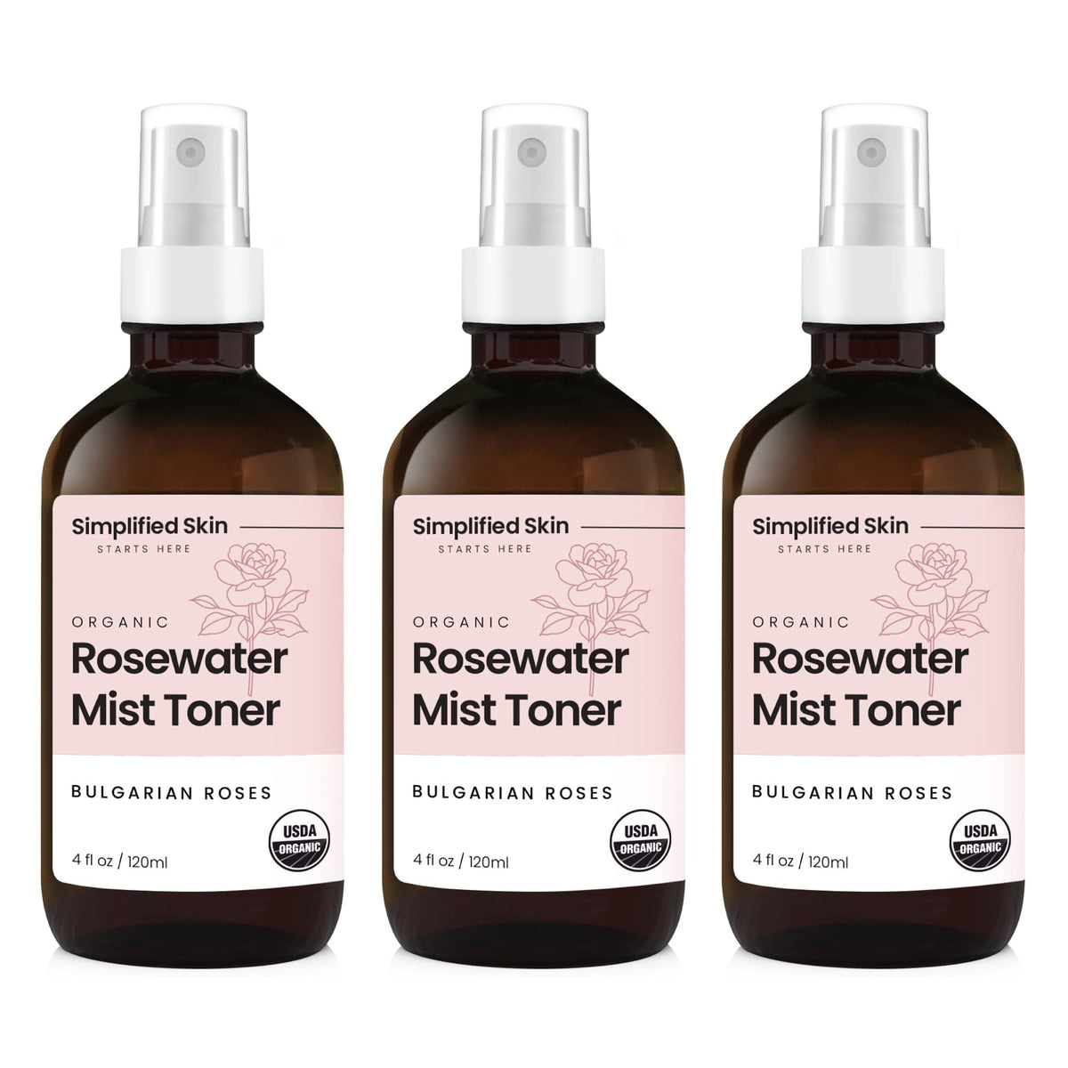 Brume d'Eau de Rose Bio Simplified Skin vue avant avec flacon transparent