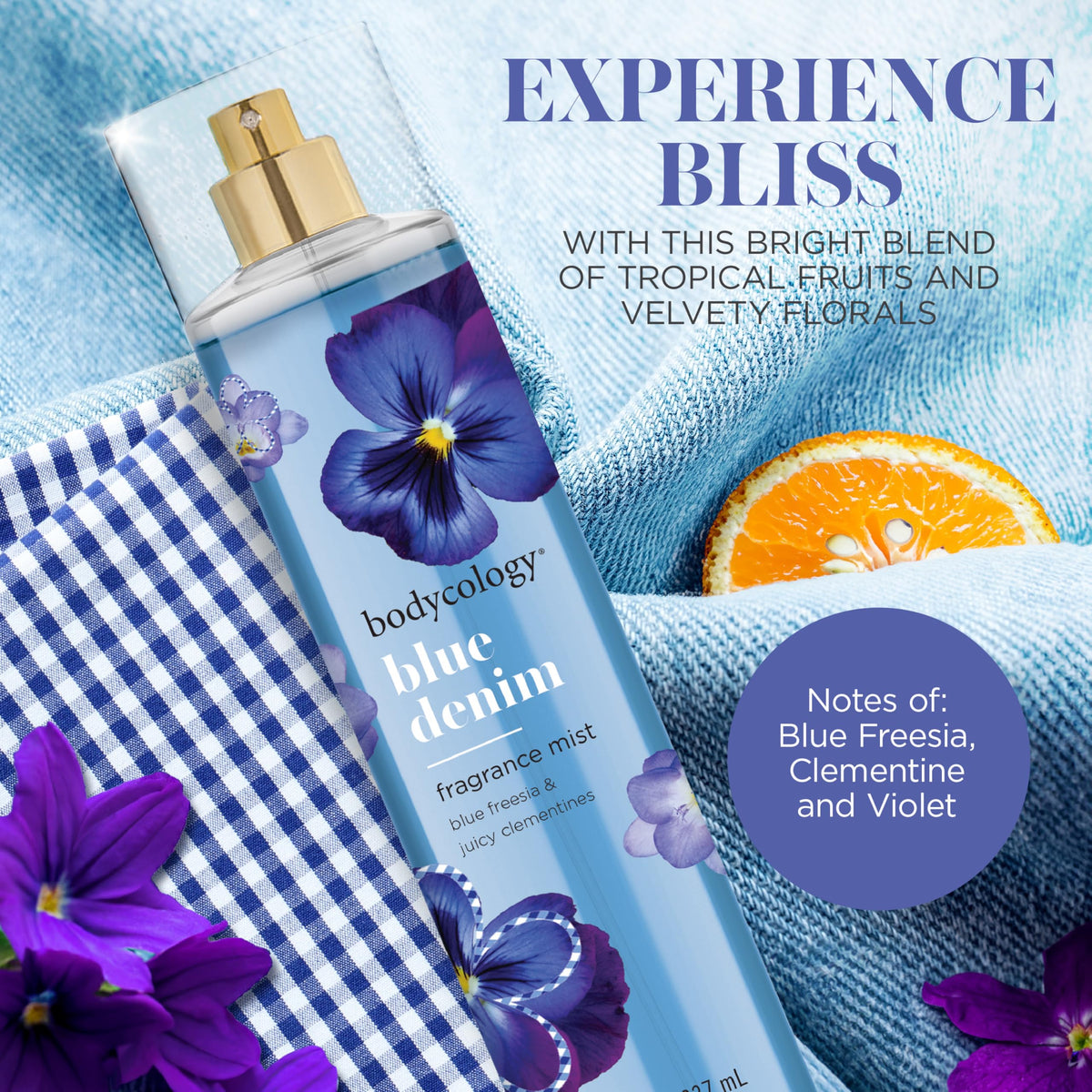 Brume parfumée Bodycology Blue Denim 240 ml avec détails de l'étiquette