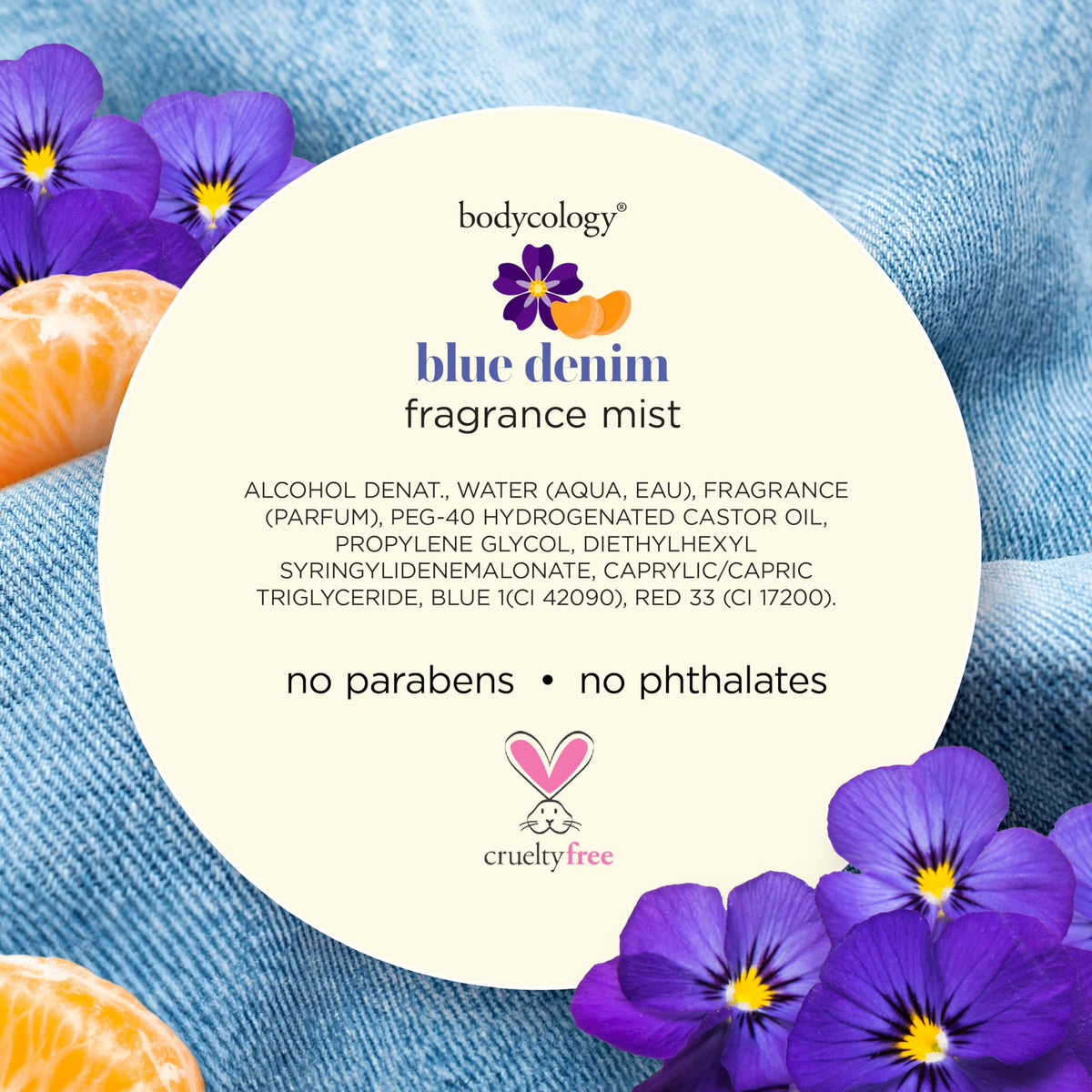 Brume parfumée Bodycology Blue Denim 240 ml en usage sur la peau