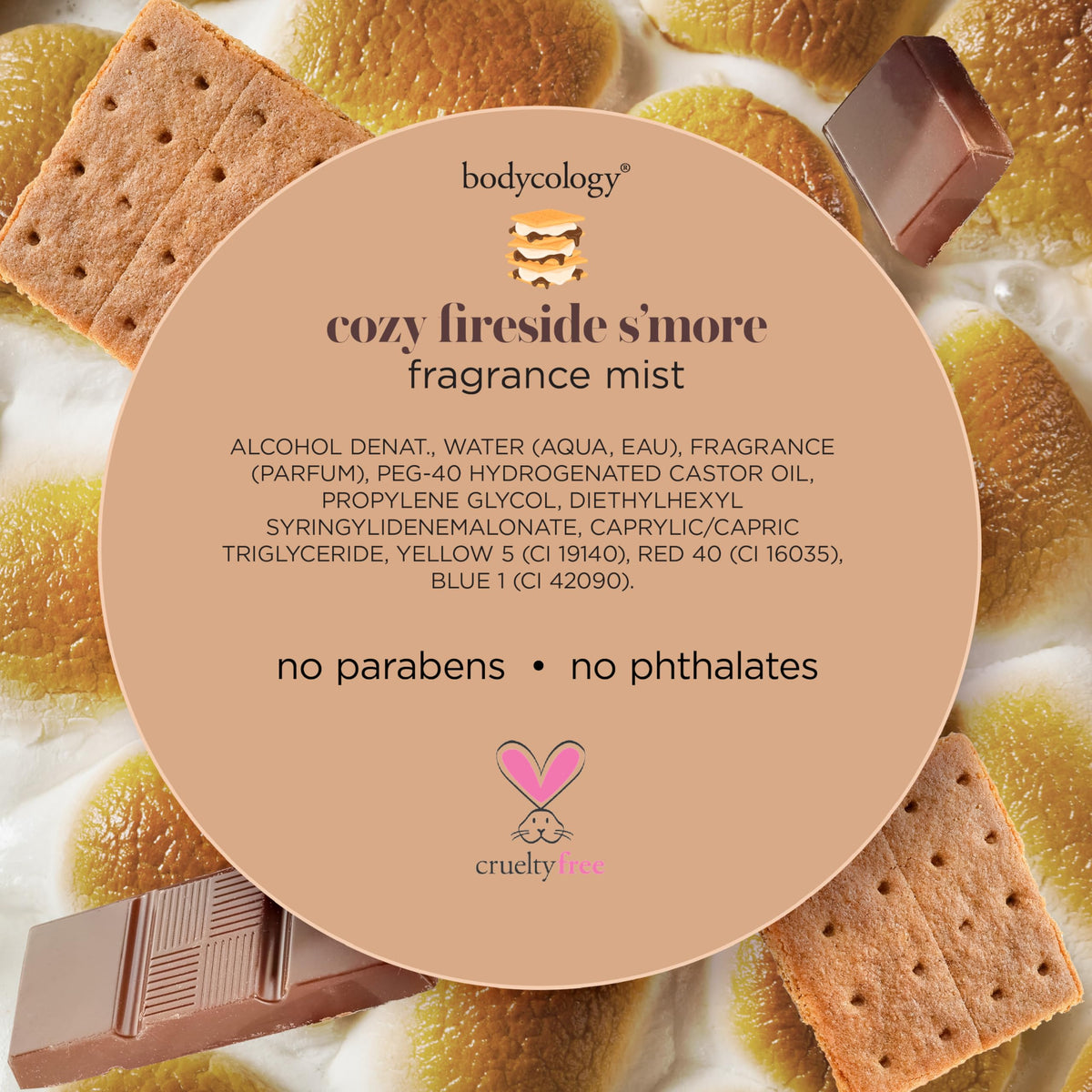 Brume parfumée Bodycology Cozy Fireside S'more avec arrière-plan chaleureux