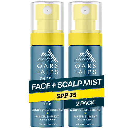 Brume solaire Oars + Alps SPF 35 vue de face avec flacon bleu