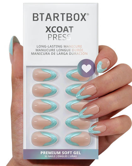 BTArtbox Faux Ongles Courts Amande Blue French Tip, ensemble complet