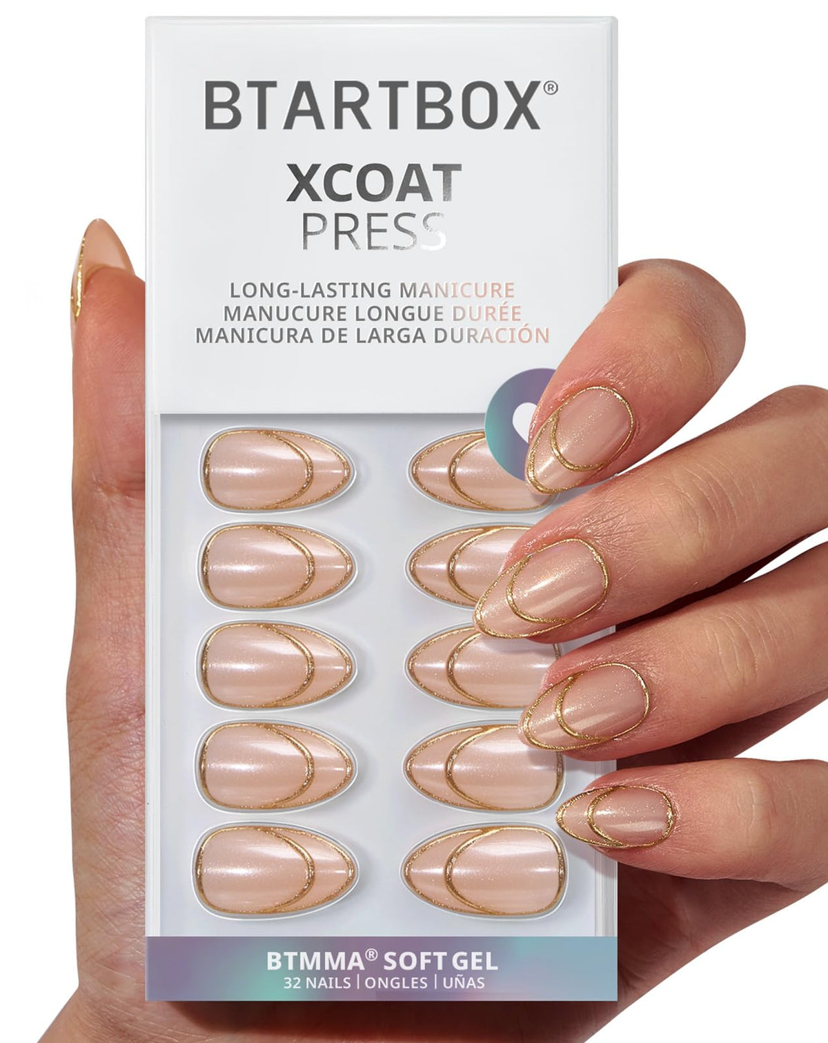BTArtbox Faux Ongles Press-On Double Or 3D Lignes Dorées vue avant