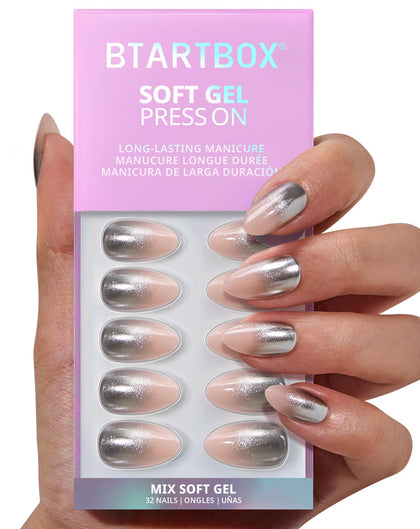 BTArtbox Faux Ongles Press On Silver Fizz avant avec paillettes chromées