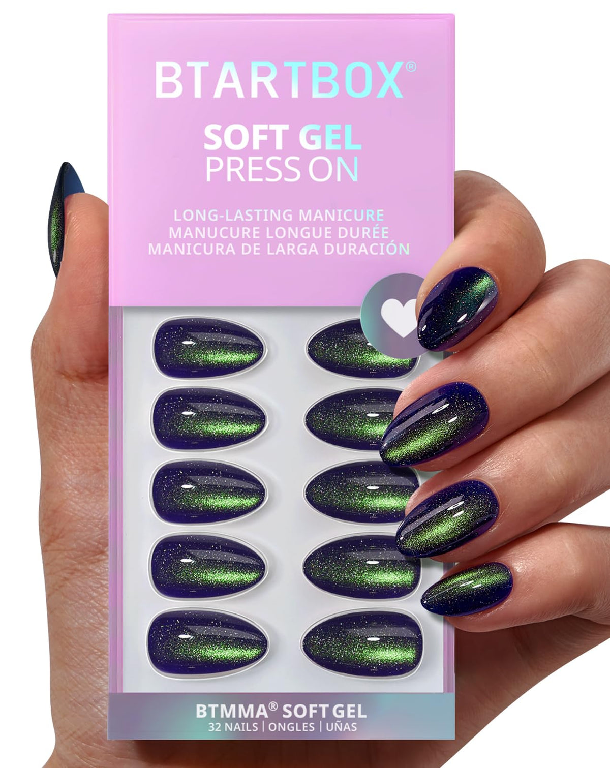 BTArtbox faux ongles pressés bleus Cat Eye, 32 pièces dans l'emballage