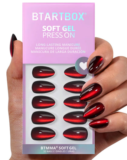 BTArtbox Faux Ongles Pressés Rouge Œil de Chat vue de face