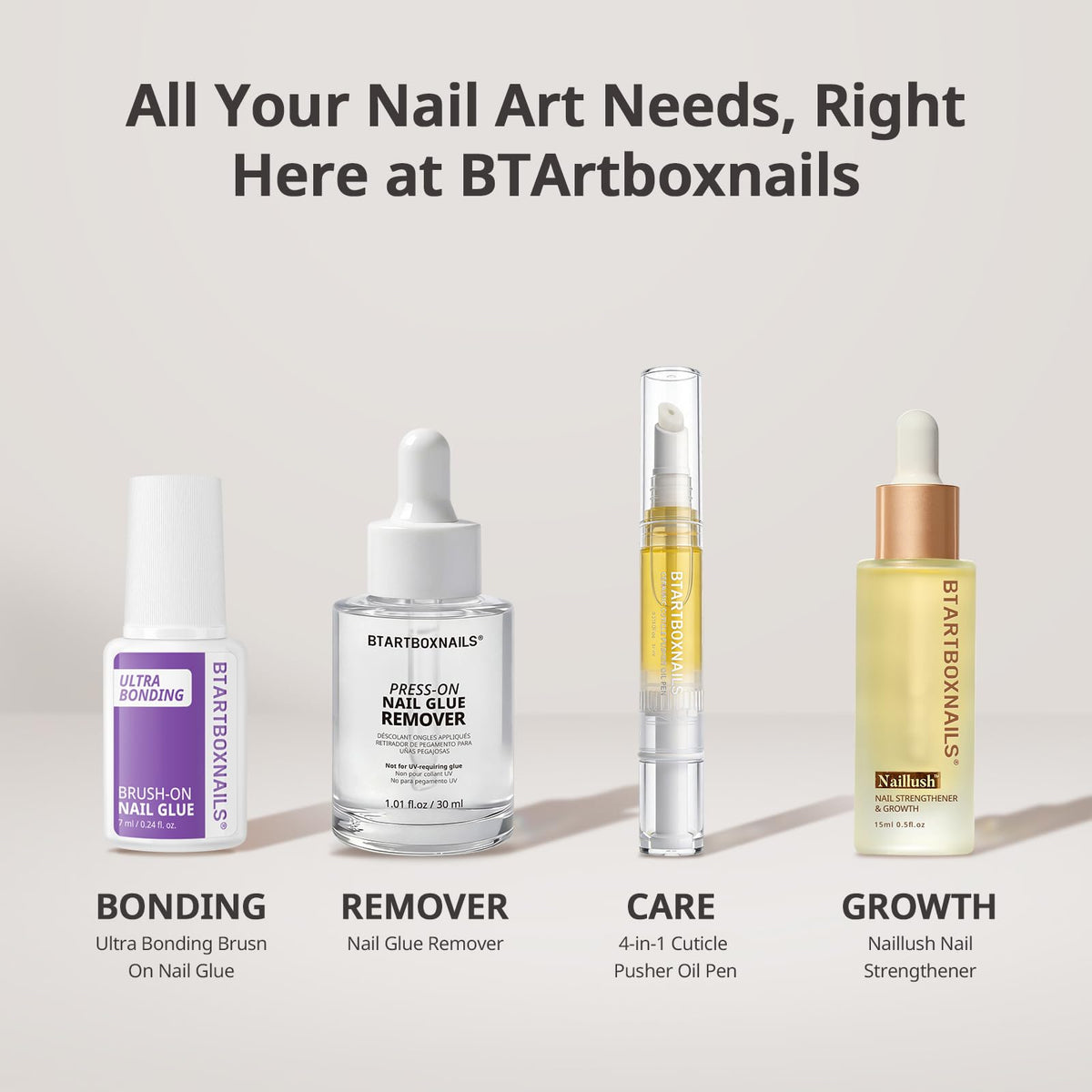 BTARTBOXNAILS colle et démélant présentés ensemble sur un fond neutre