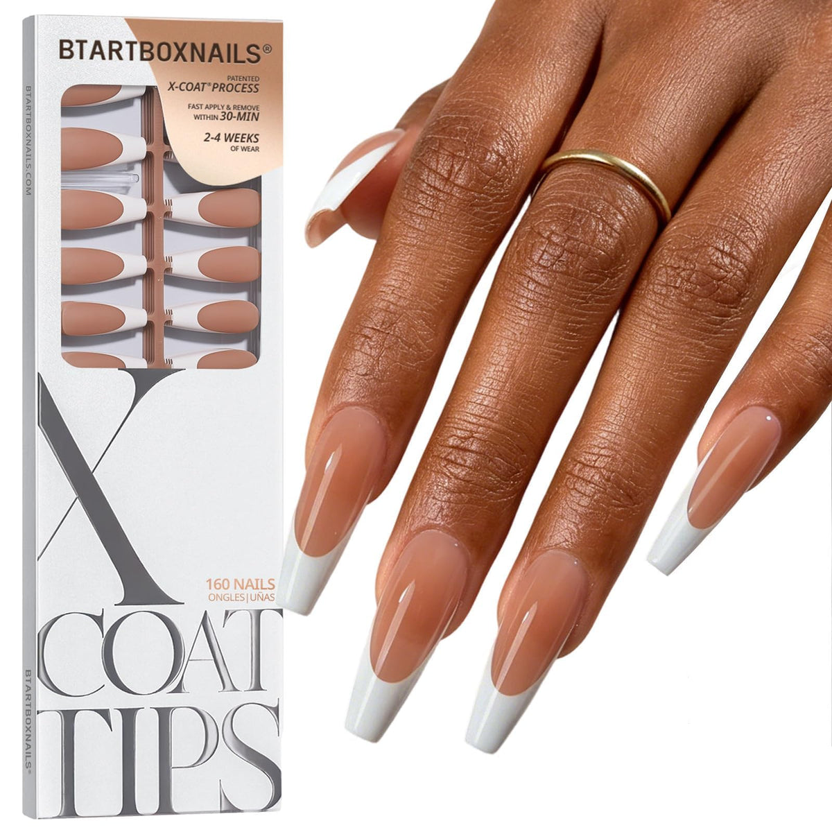 BTARTBOXNAILS faux ongles français XL coffin, couleur blanche, vue de face