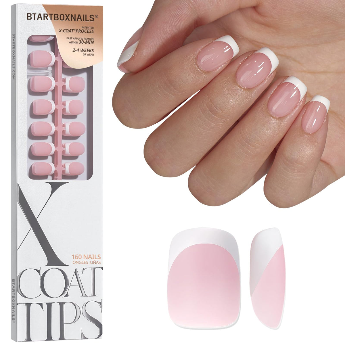 BTARTBOXNAILS Faux Ongles XCOATTIPS blanc modèle avant avec finition naturelle