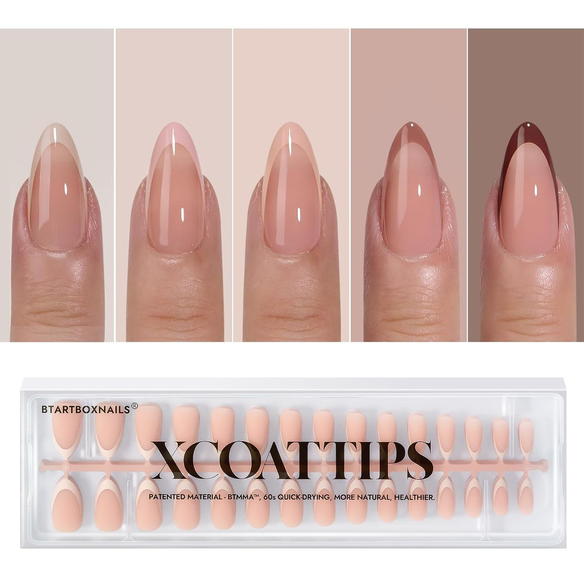 BTARTBOXNAILS XCOATTIPS faux ongles ton peau modèle M Almond de face