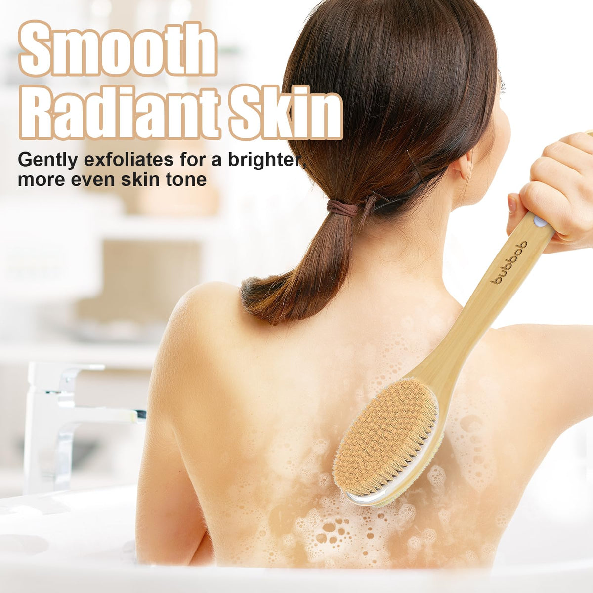 Bubbob Brosse de Douche Longue suspendue montrant la corde de suspension