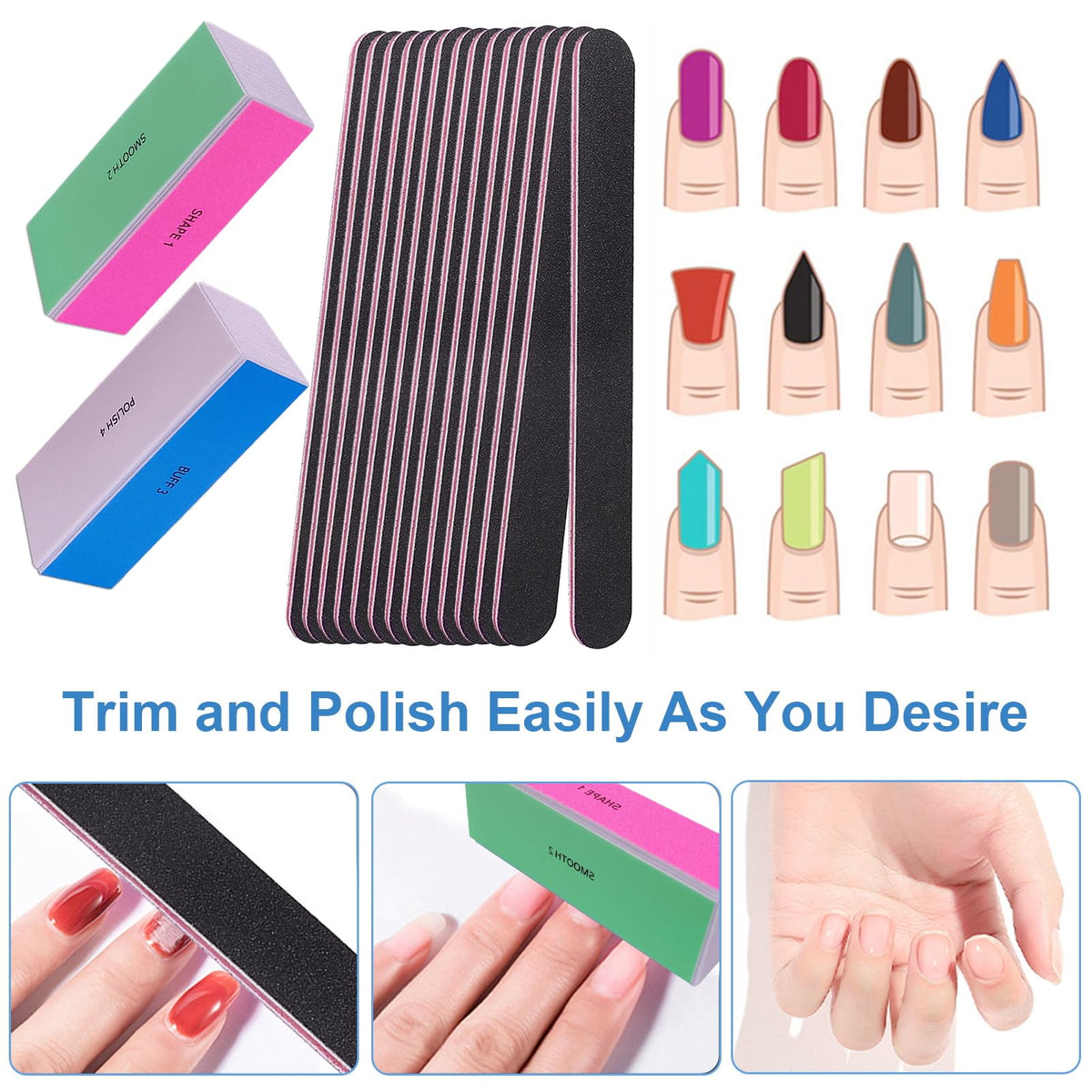 Buffers AhaTopia avec côtés colorés pour polissage des ongles