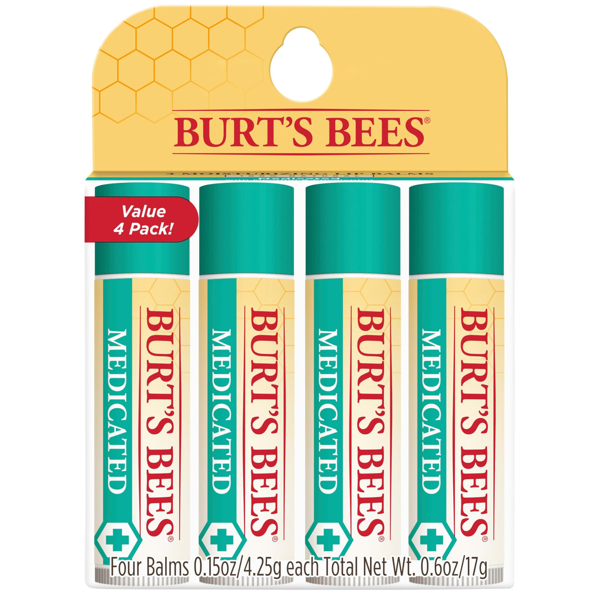 Burt's Bees Baume à Lèvres Médicinal, 4 tubes de 4,25 g, vue de face