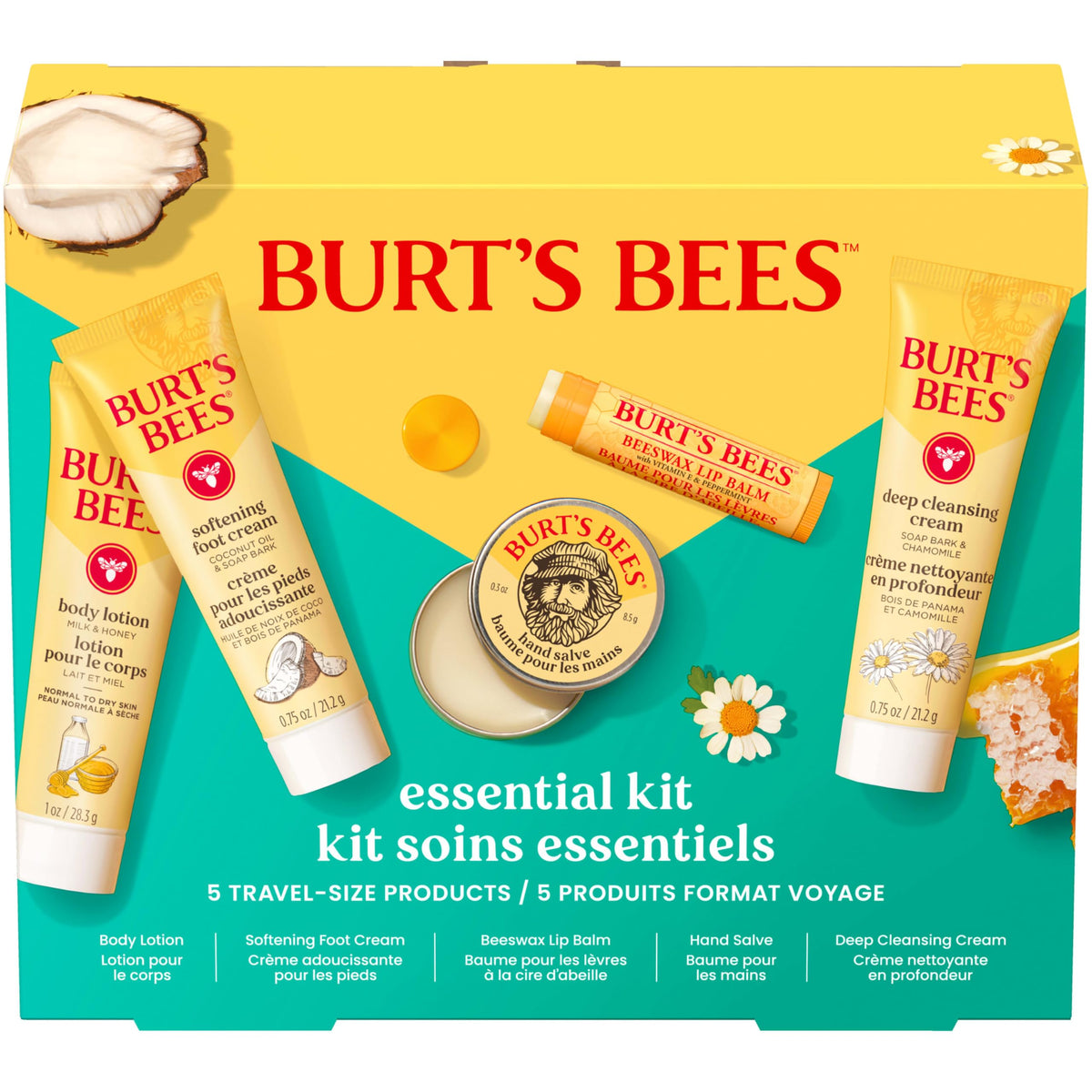 Burt's Bees Essentials Kit contenant 5 produits de soin en format voyage
