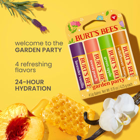 Burt's Bees Garden Party quatre tubes de baumes à lèvres sur fond blanc