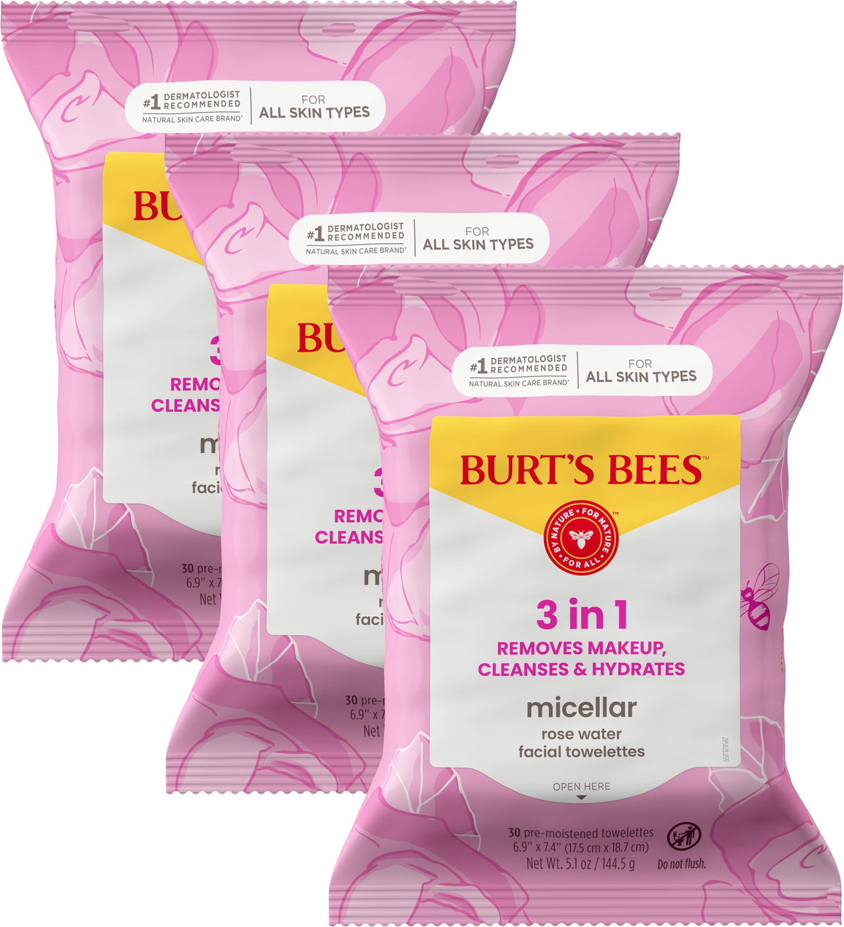 Burt's Bees Lingettes Micellaires Eau de Rose pack de 3