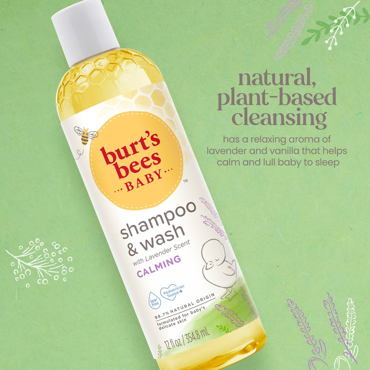 Burt's Bees Shampoo et Gel Douche Bébé Lavande 355 ml sur un fond neutre
