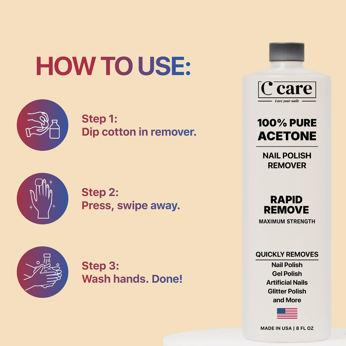 C CARE Dissolvant d'ongles Acétone Pure 100% en application sur vernis à ongles