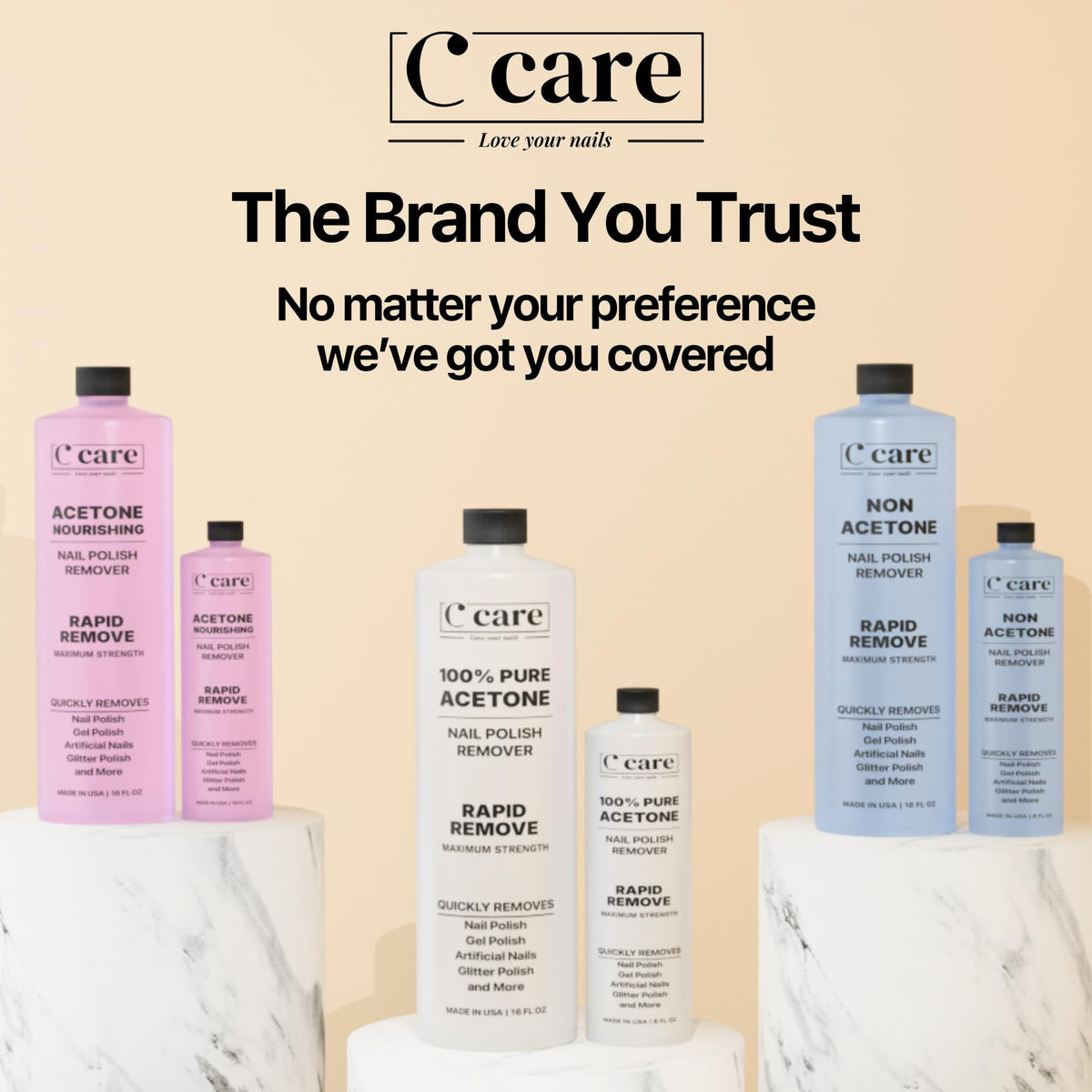C CARE Dissolvant d'ongles Acétone Pure 100% positionné sur une table de manucure