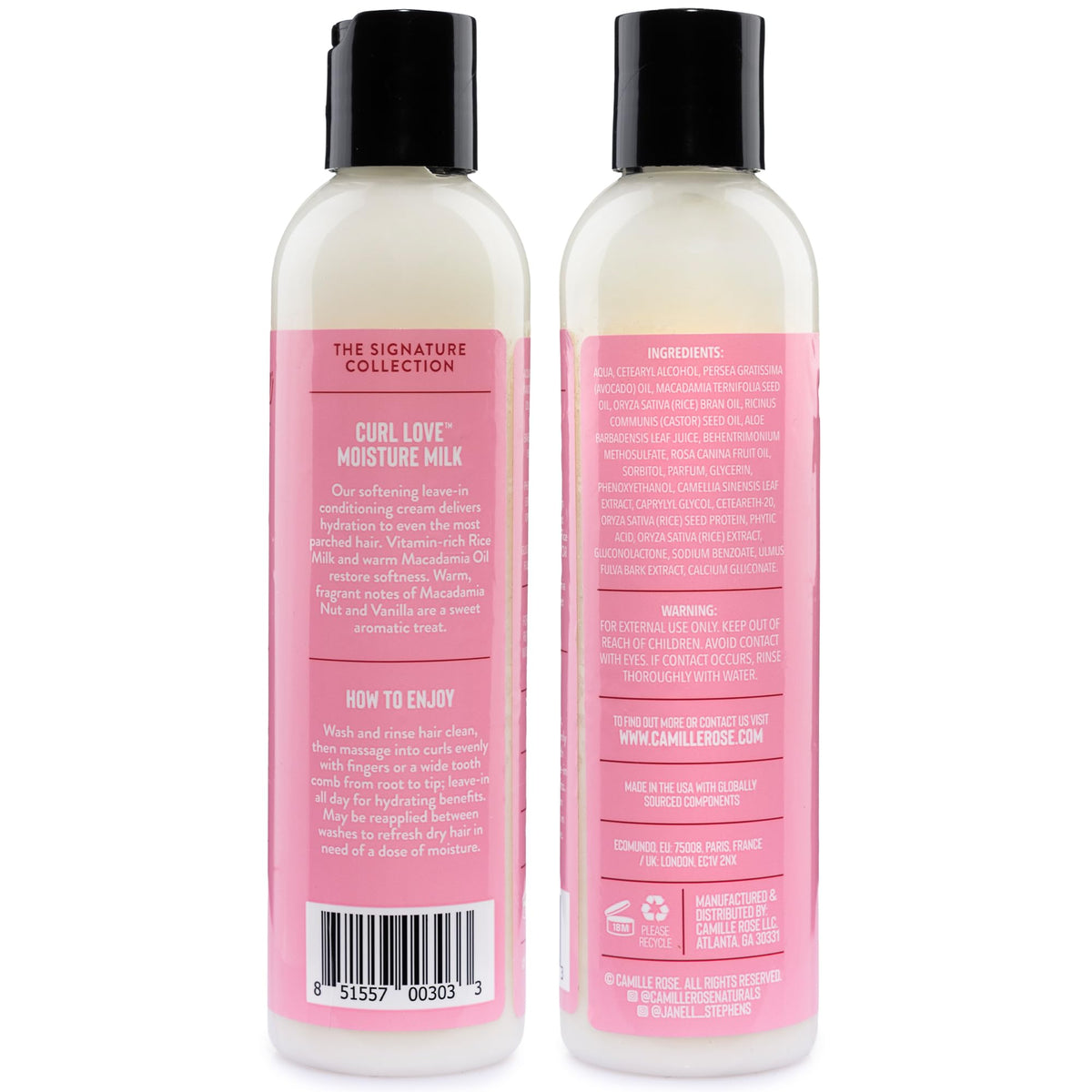 Camille Rose Curl Love Moisture Milk 8oz en gros plan sur l'étiquette