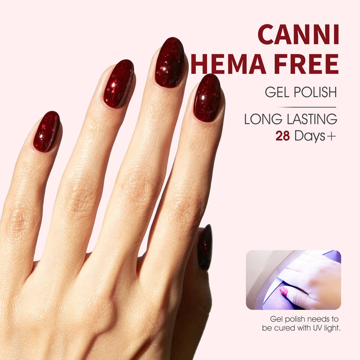 CANNI vernis à ongles rouge bordeaux pailleté, application sur les ongles