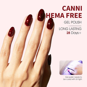CANNI vernis à ongles rouge bordeaux pailleté, application sur les ongles