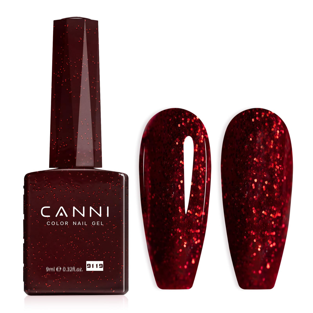 CANNI vernis à ongles rouge bordeaux pailleté, bouteille avant