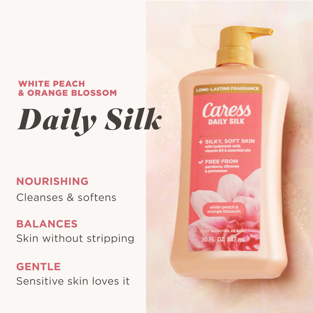 Caress Gel Douche Daily Silk Pêche Blanche et Fleur d'Orange 30 fl oz vue arrière