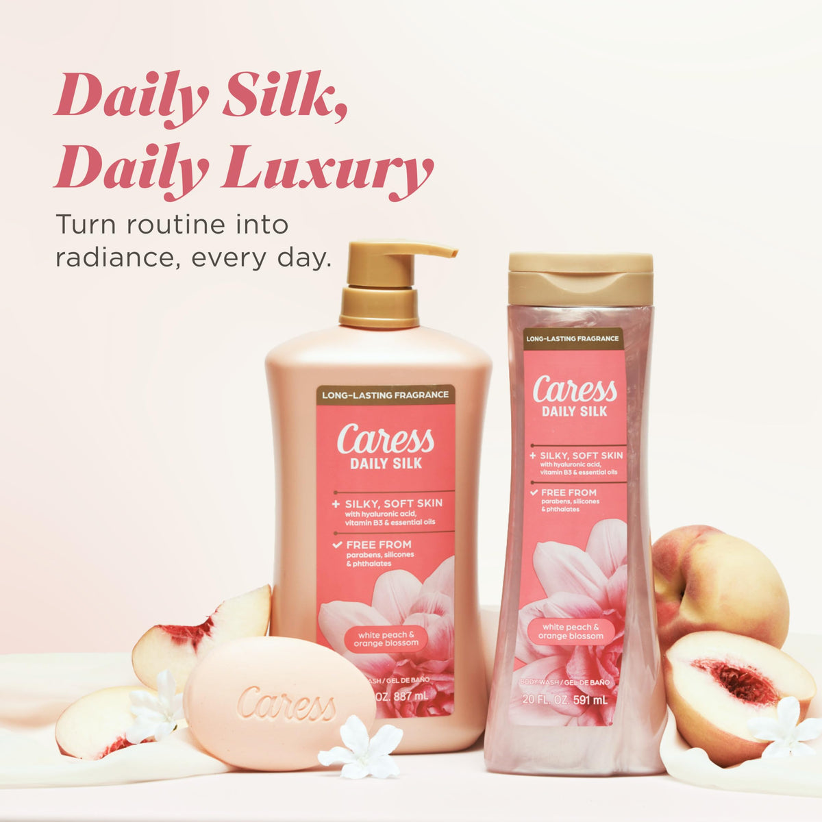 Caress Gel Douche Daily Silk Pêche Blanche et Fleur d'Orange ambiance de douche