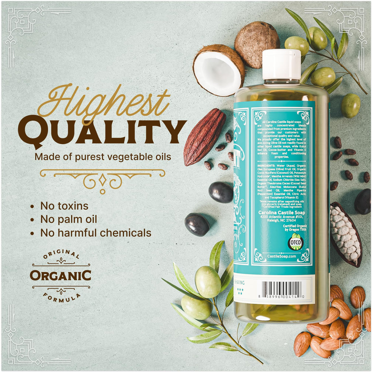 Carolina Castile Soap Savon Liquide Menthe Bio 1152g étiquette