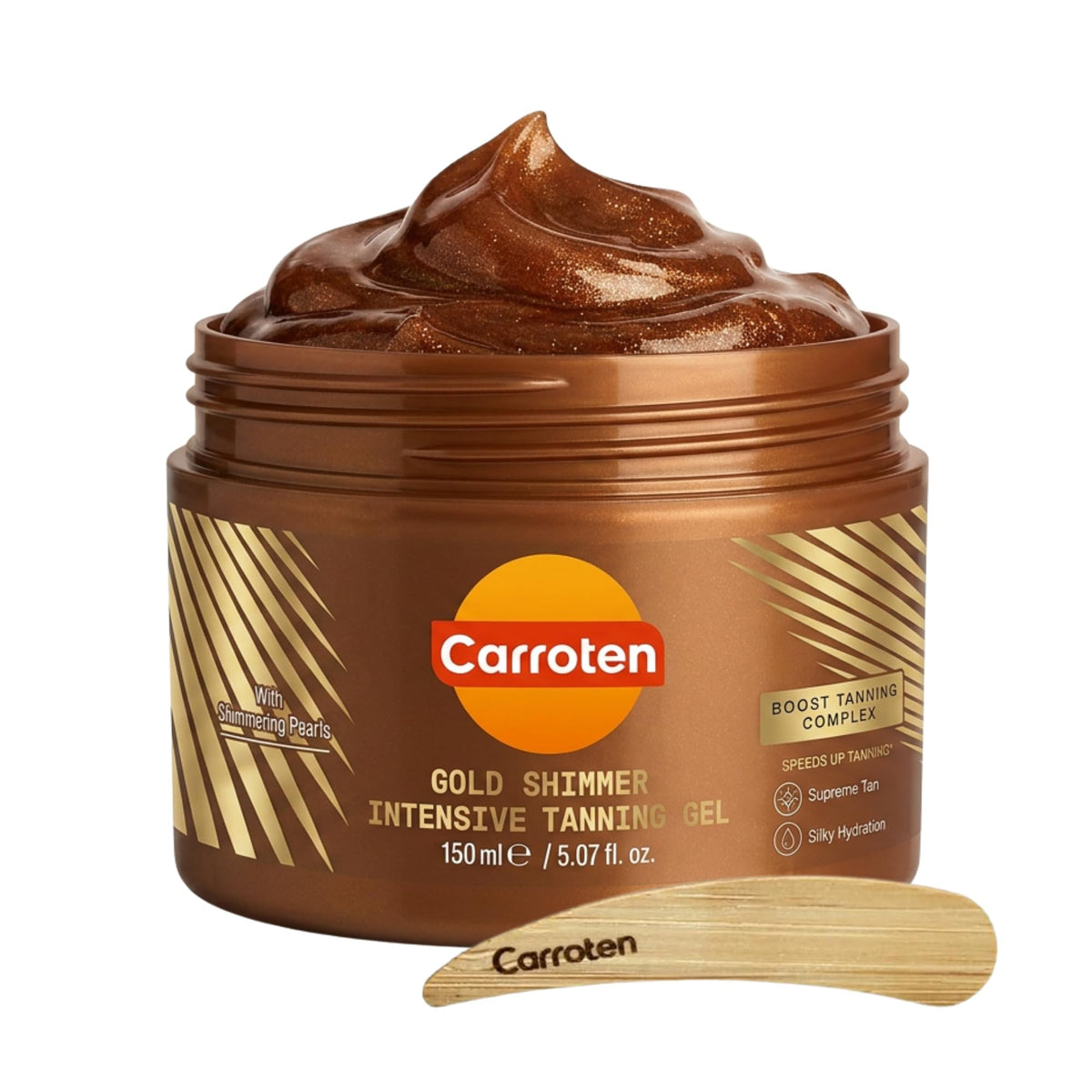 Carroten Gel Bronzant Shimmer 210g vue avant avec perles scintillantes