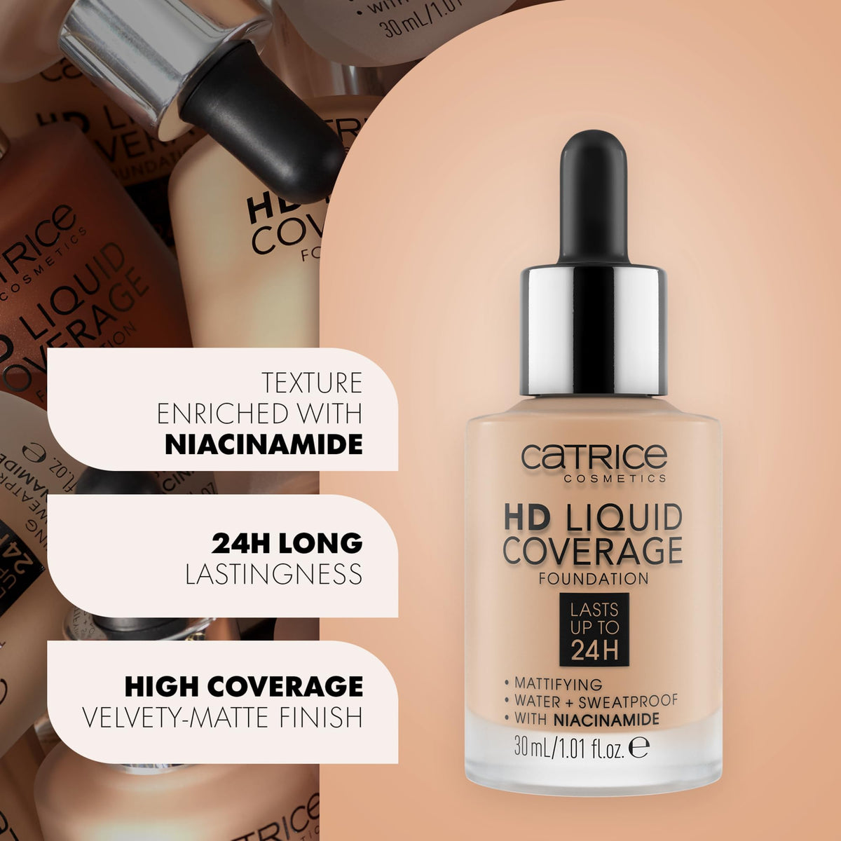 Catrice HD Liquid Coverage Foundation 046 Camel Beige sur une table de maquillage