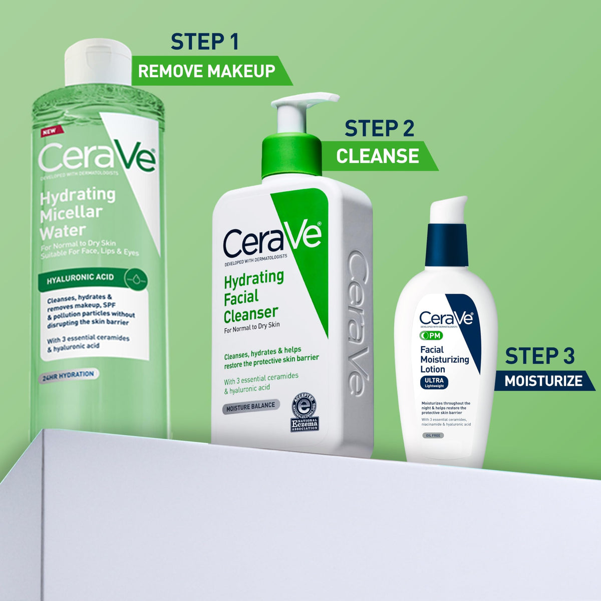 CeraVe Eau Micellaire Hydratante 400 ml avec une main appliquant le produit