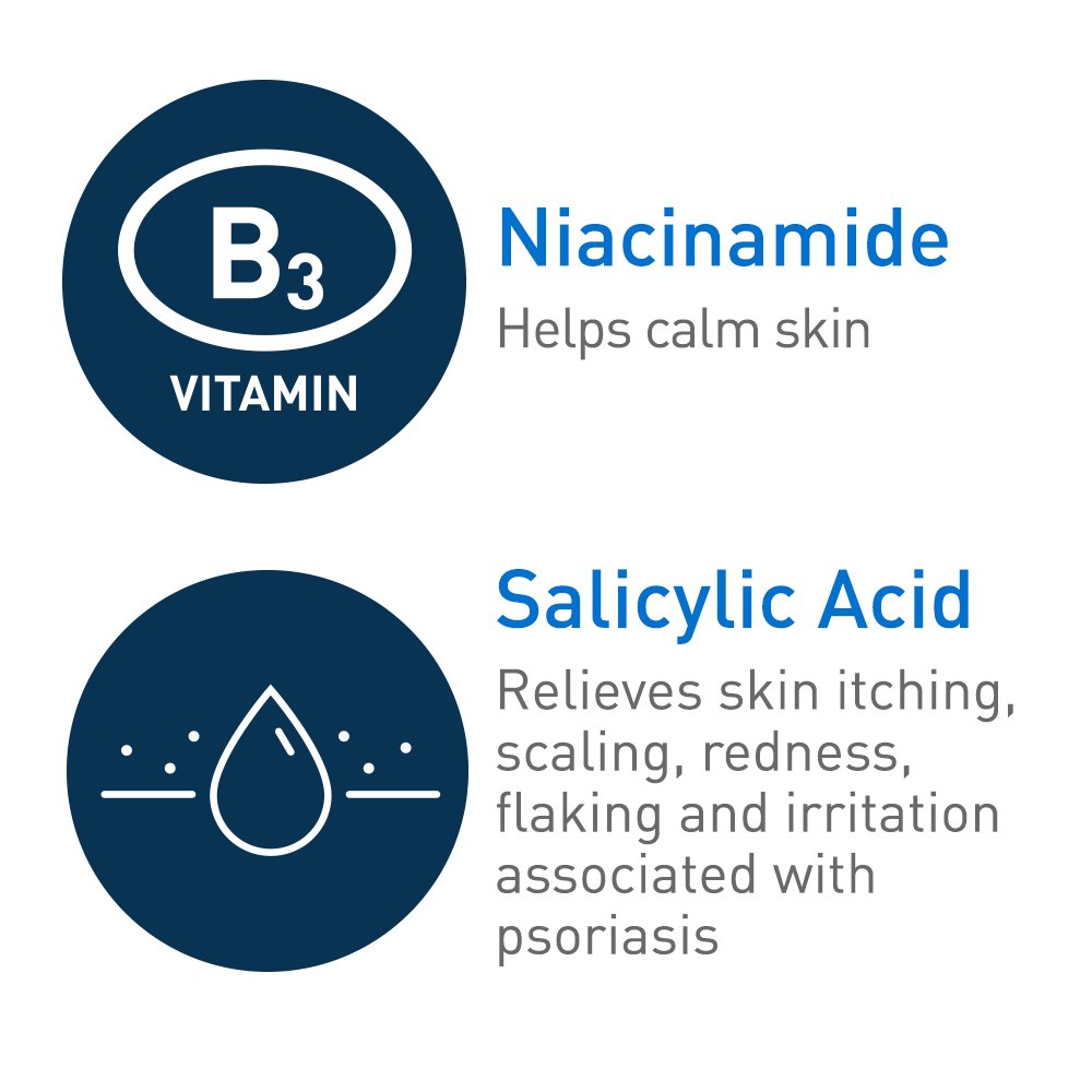 CeraVe Gel Nettoyant Psoriasis 8oz avec des ingrédients sur une surface en bois