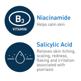 CeraVe Gel Nettoyant Psoriasis 8oz avec des ingrédients sur une surface en bois