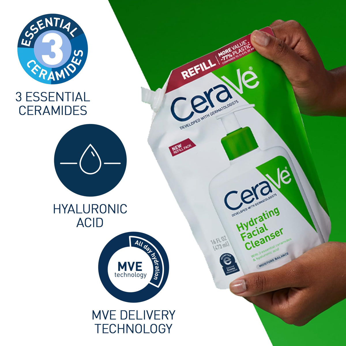CeraVe Nettoyant Hydratant 490g en utilisation sur peau