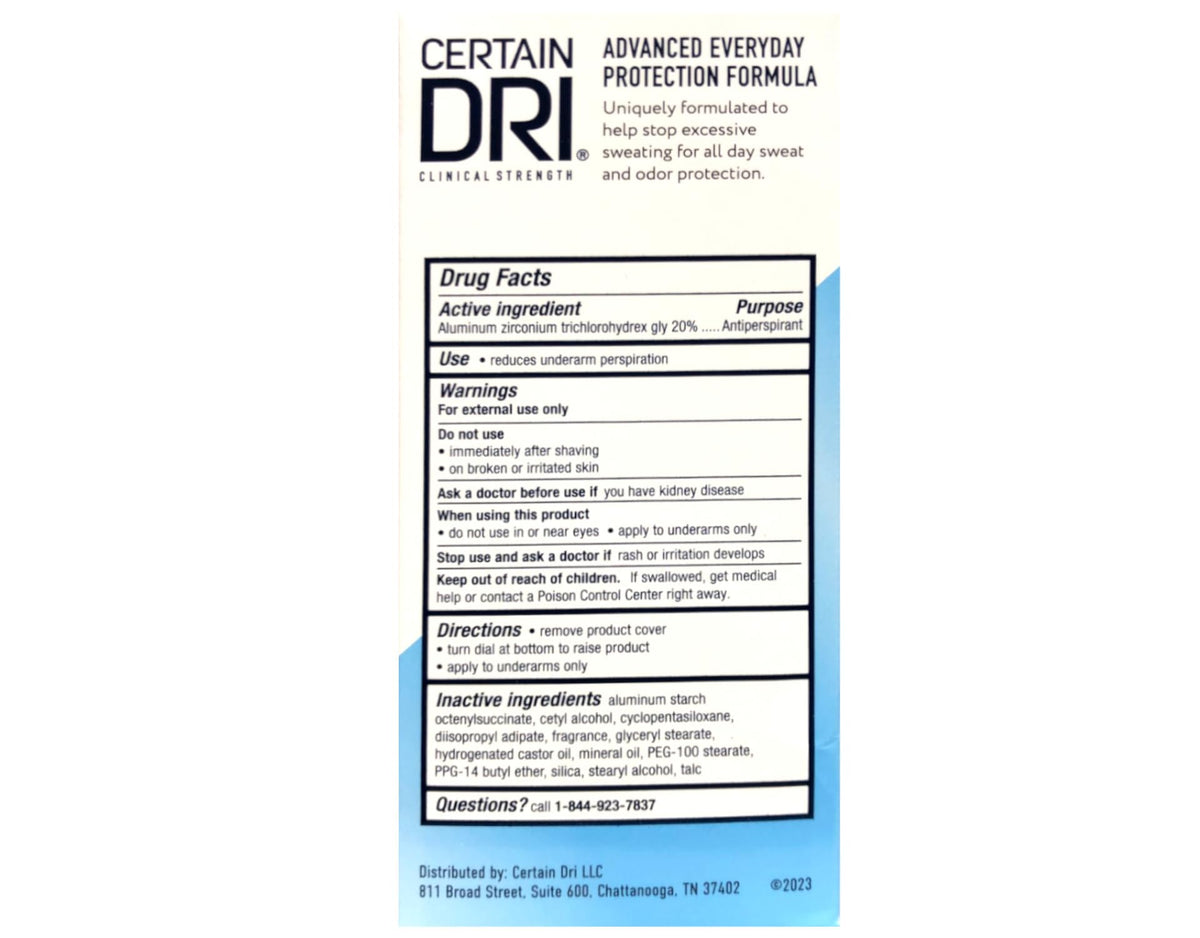 Certain Dri Antiperspirant Déodorant Solide 2,6 Oz arrière du pack