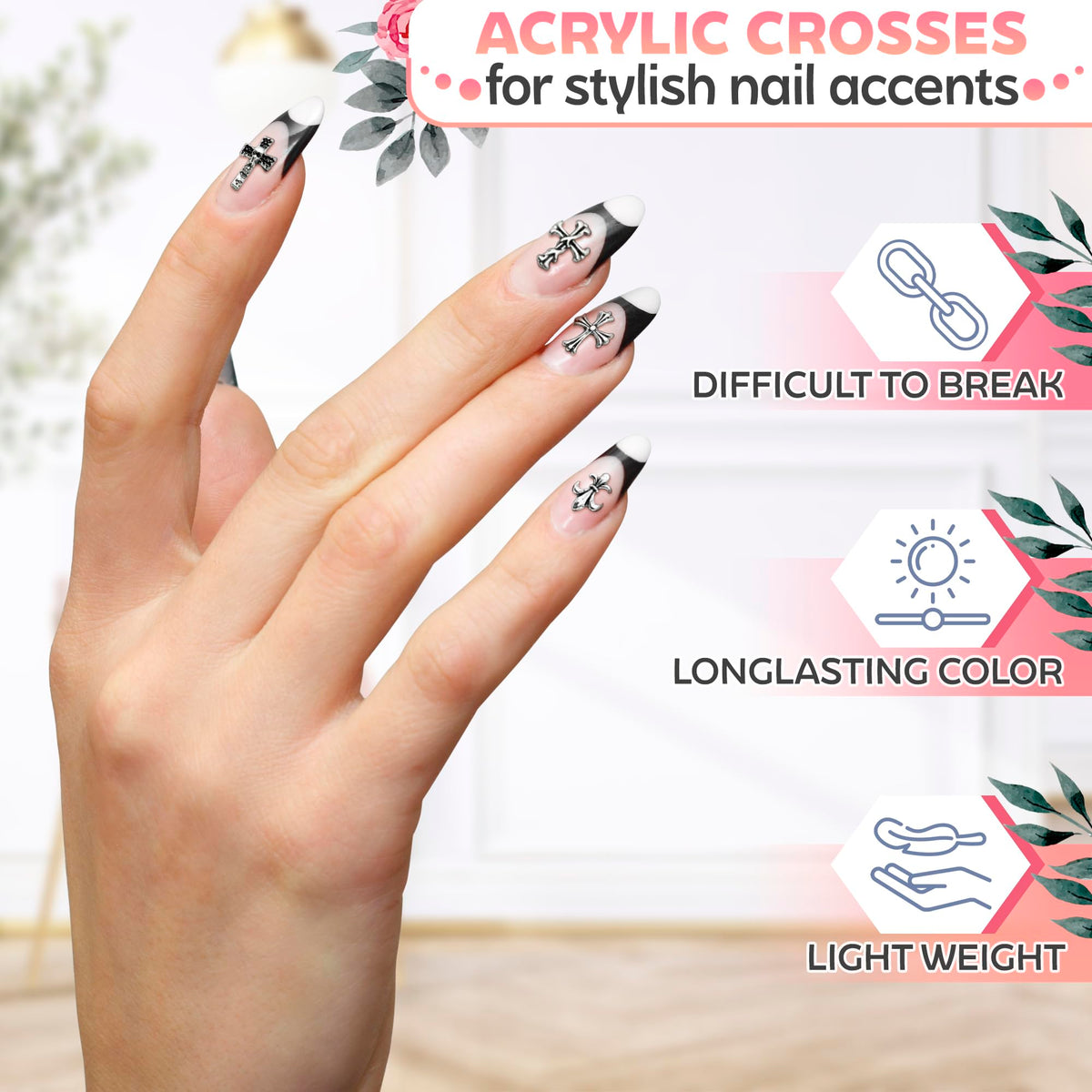Charms ongles argent avec différents designs de croix